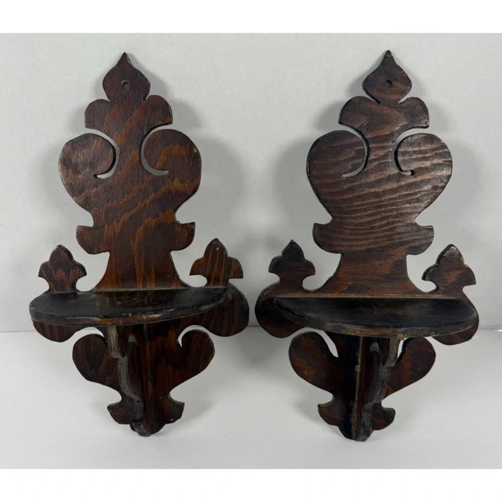 VTG Handmade Wooden Wall Shelf Pair Scroll Cut Hanging Display